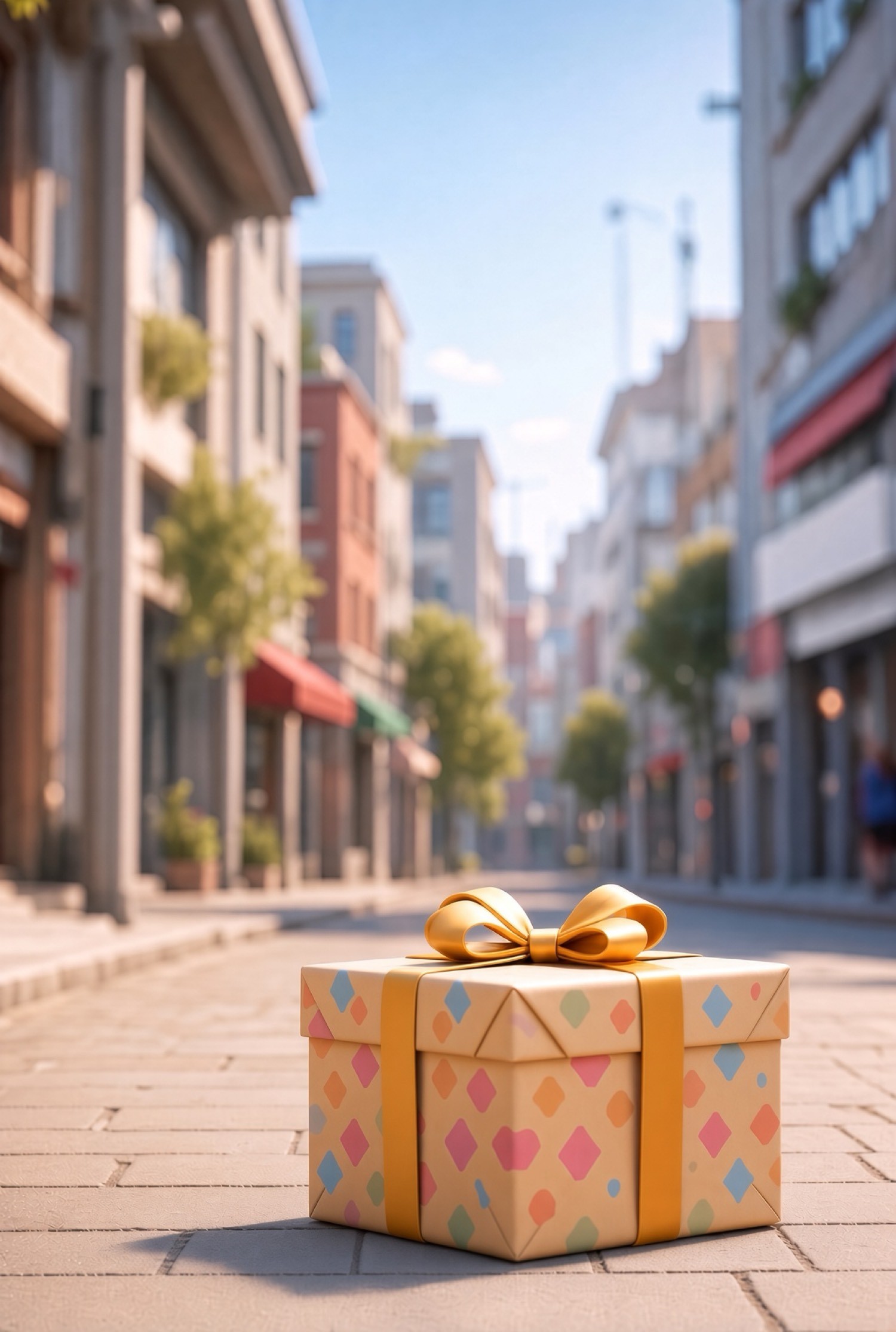 Geschenk allein auf der Straße. Goldene Schleife, pastellfarbene Rauten.
